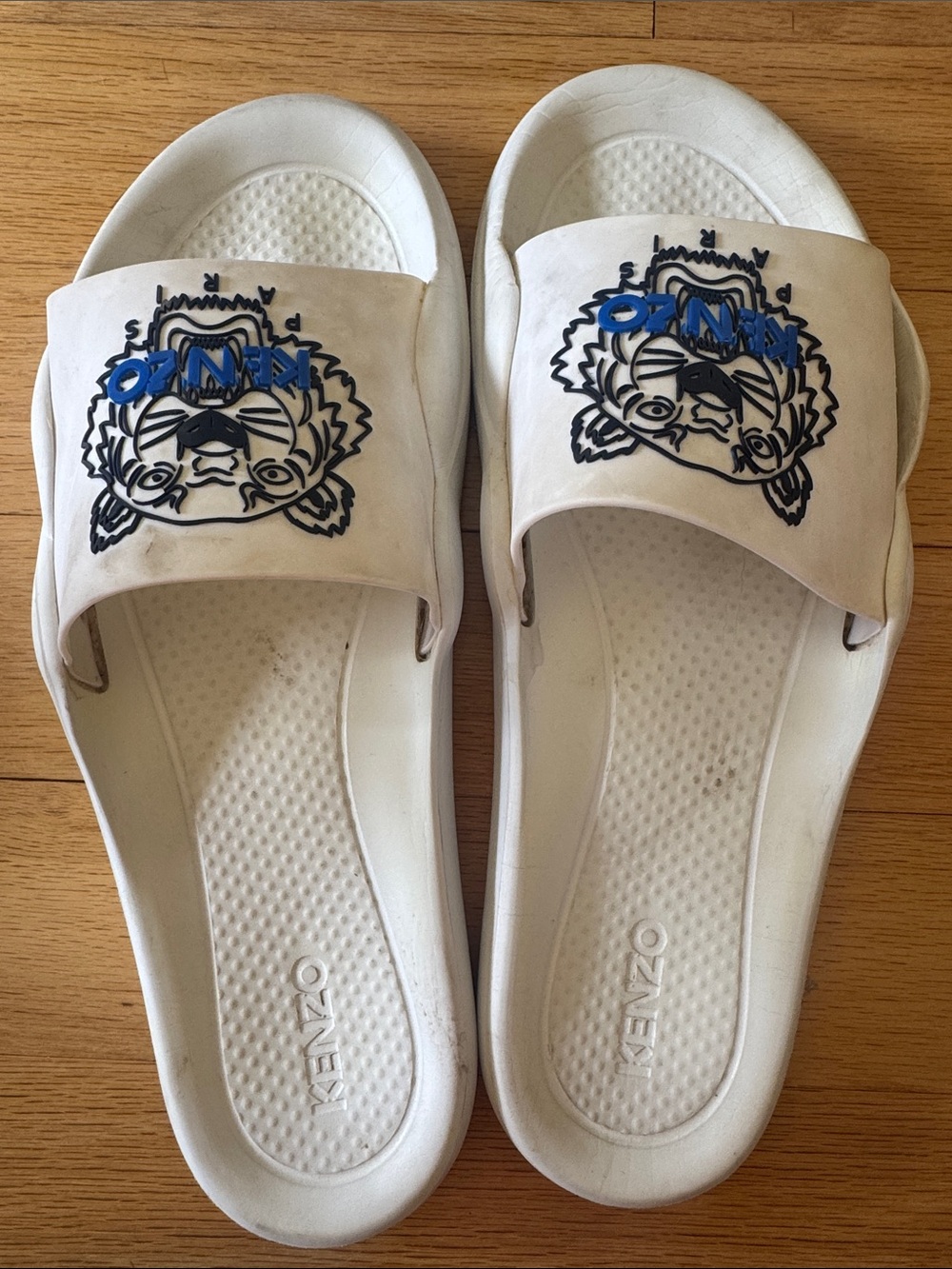 Kenzo White Slide Sandals with Blue & Black Tiger Logo